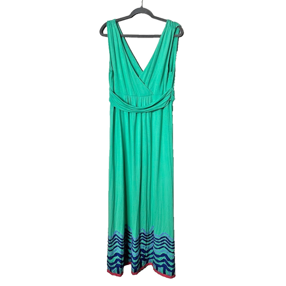 Boden Green Maxi Dress 14R Grosgrain Ribbon Detail V Neck Beachy Resort Whimsy